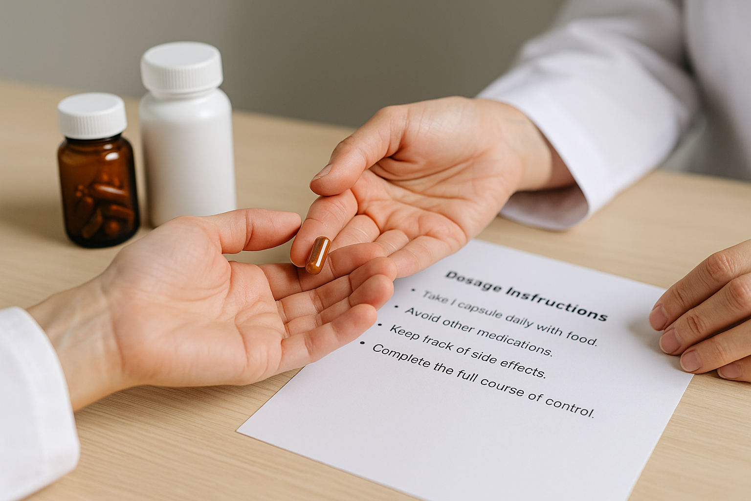 Momento di consulenza terapeutica: il professionista porge capsule naturali con indicazioni scritte, in un contesto clinico a Tertenia