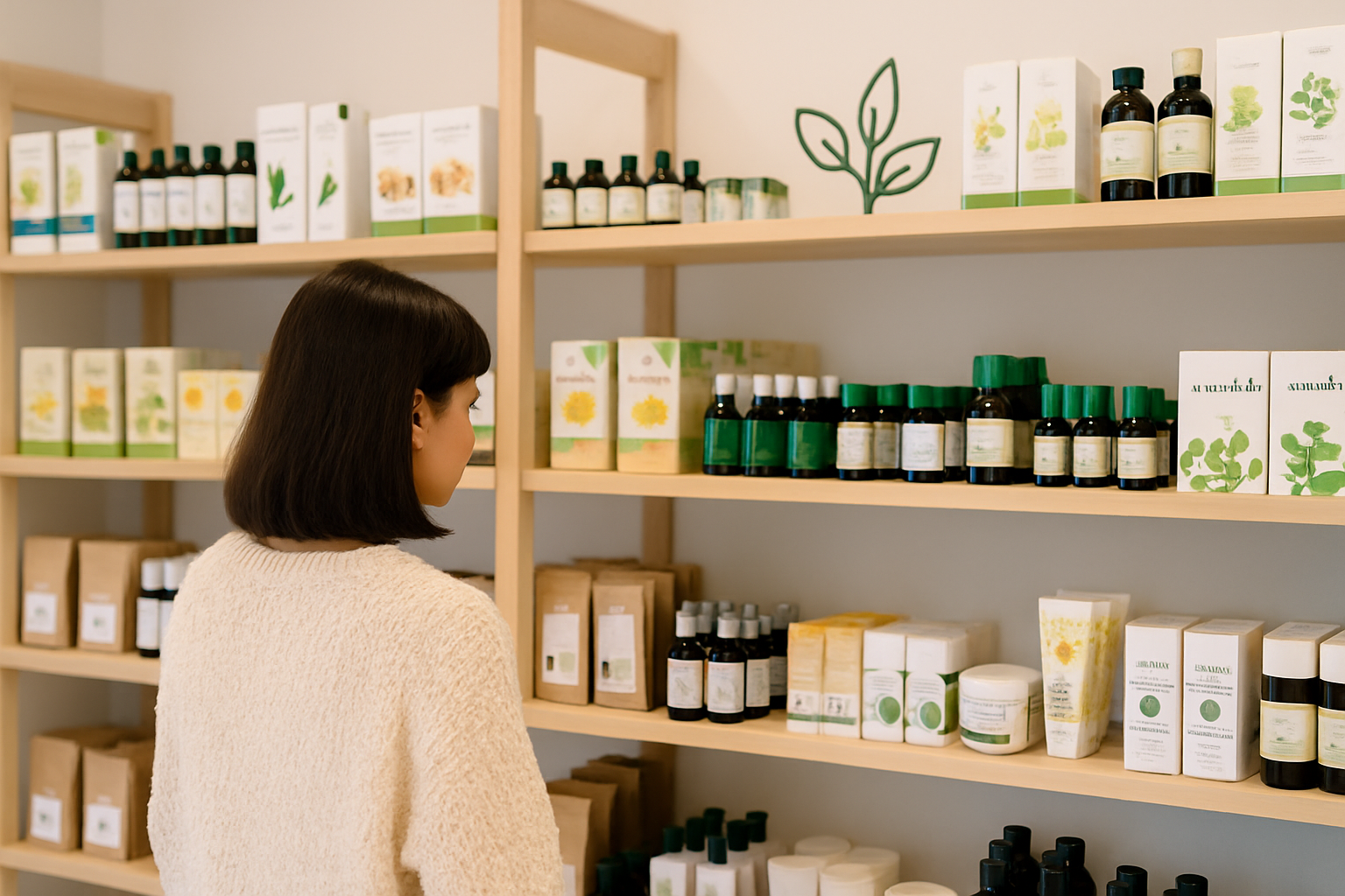 Donna osserva prodotti erboristici e naturali sugli scaffali di una parafarmacia a Tertenia, dedicata al benessere quotidiano